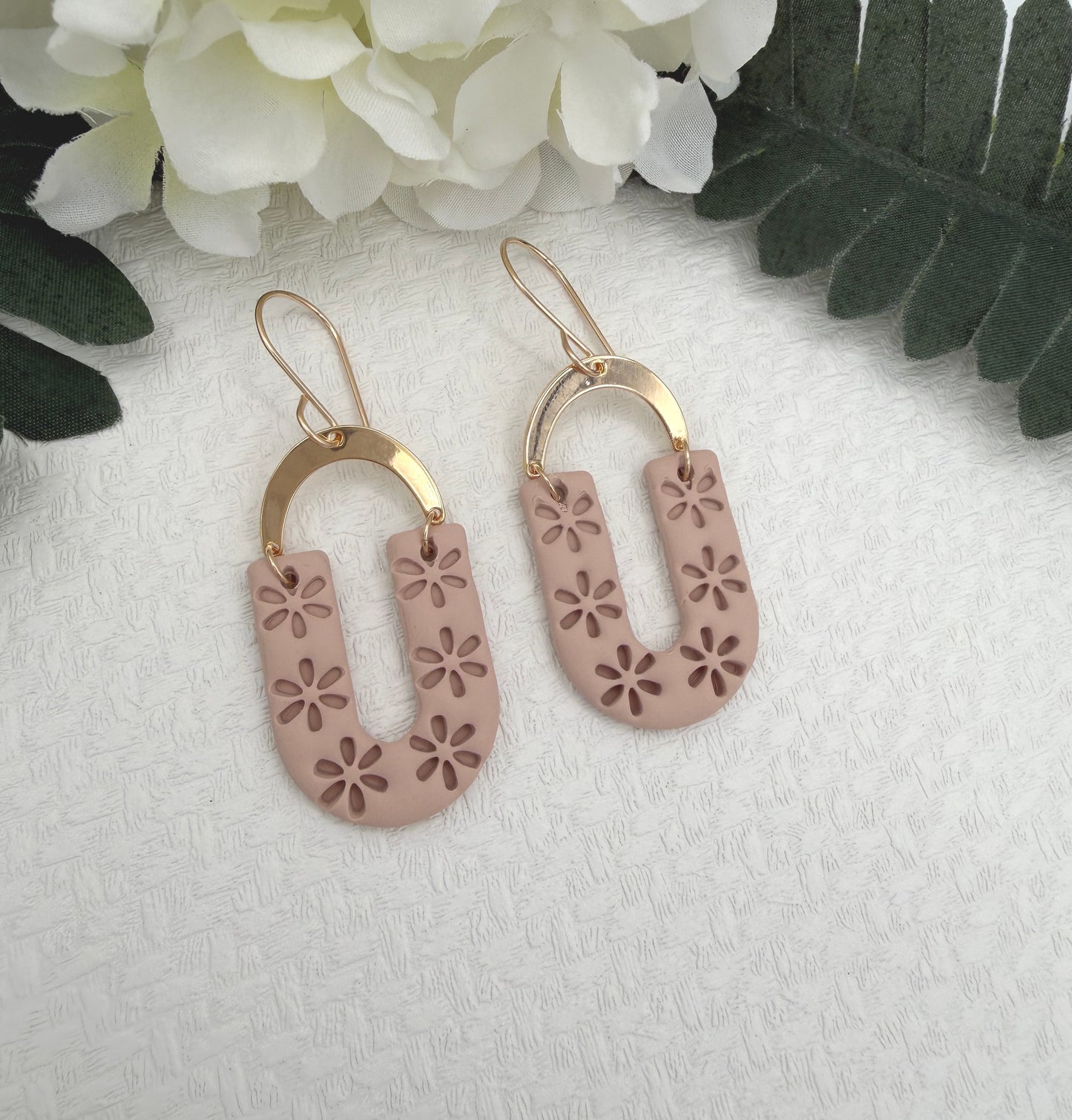 Earrings Made with Dusty Coral Polymer Clay Shaped into Flowered Arches with Gold Plated Arches PCE-1048