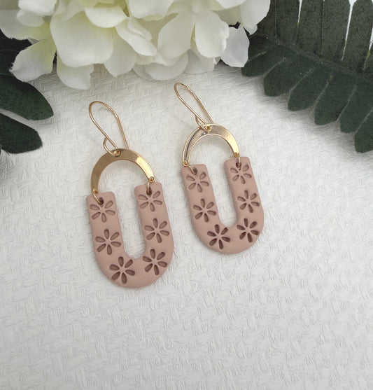 Earrings Made with Dusty Coral Polymer Clay Shaped into Flowered Arches with Gold Plated Arches PCE-1048