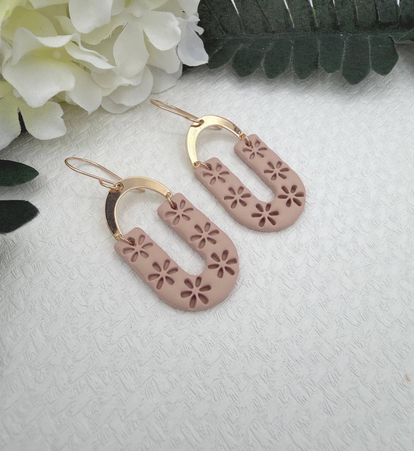 Earrings Made with Dusty Coral Polymer Clay Shaped into Flowered Arches with Gold Plated Arches PCE-1048