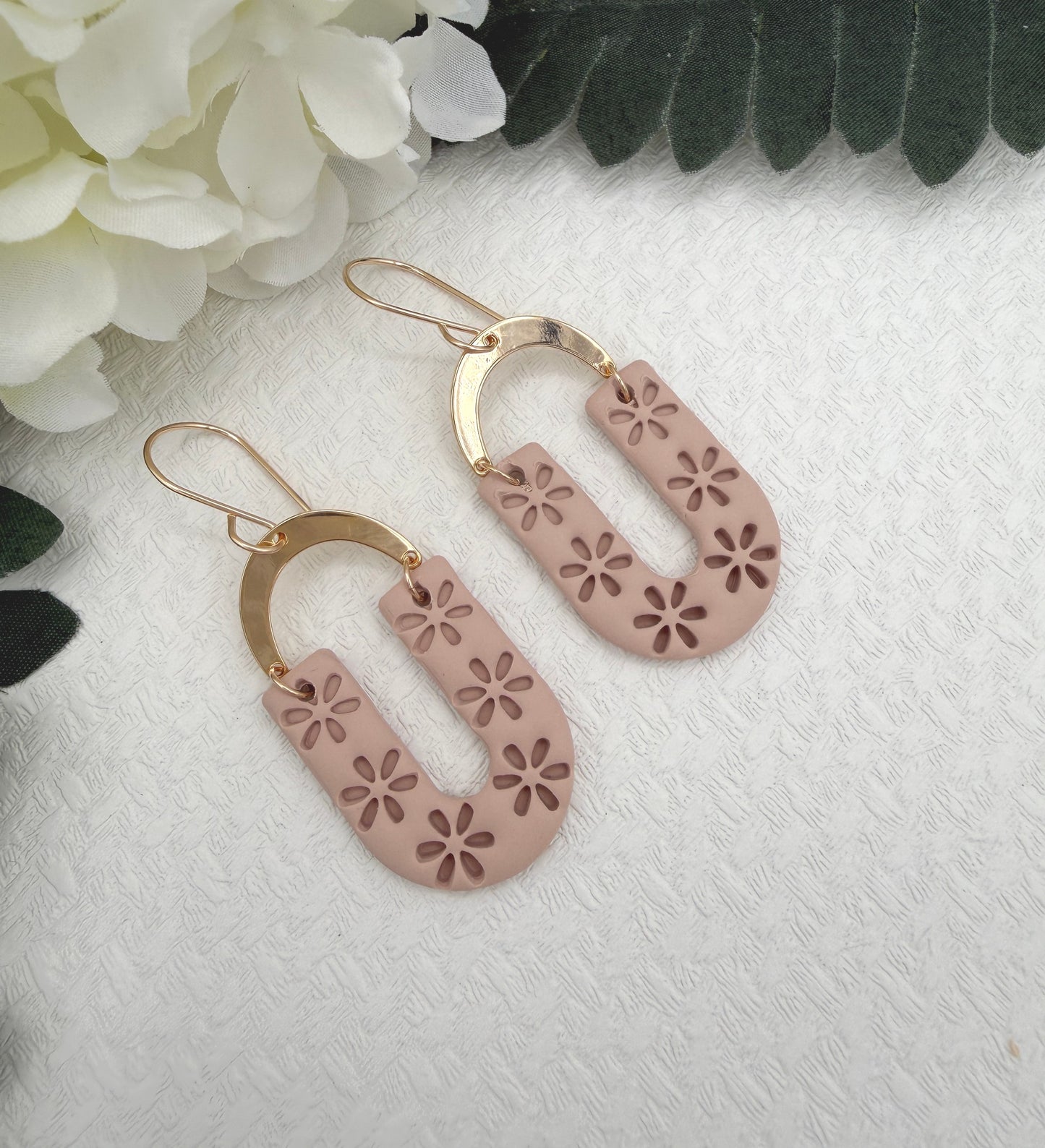 Earrings Made with Dusty Coral Polymer Clay Shaped into Flowered Arches with Gold Plated Arches PCE-1048