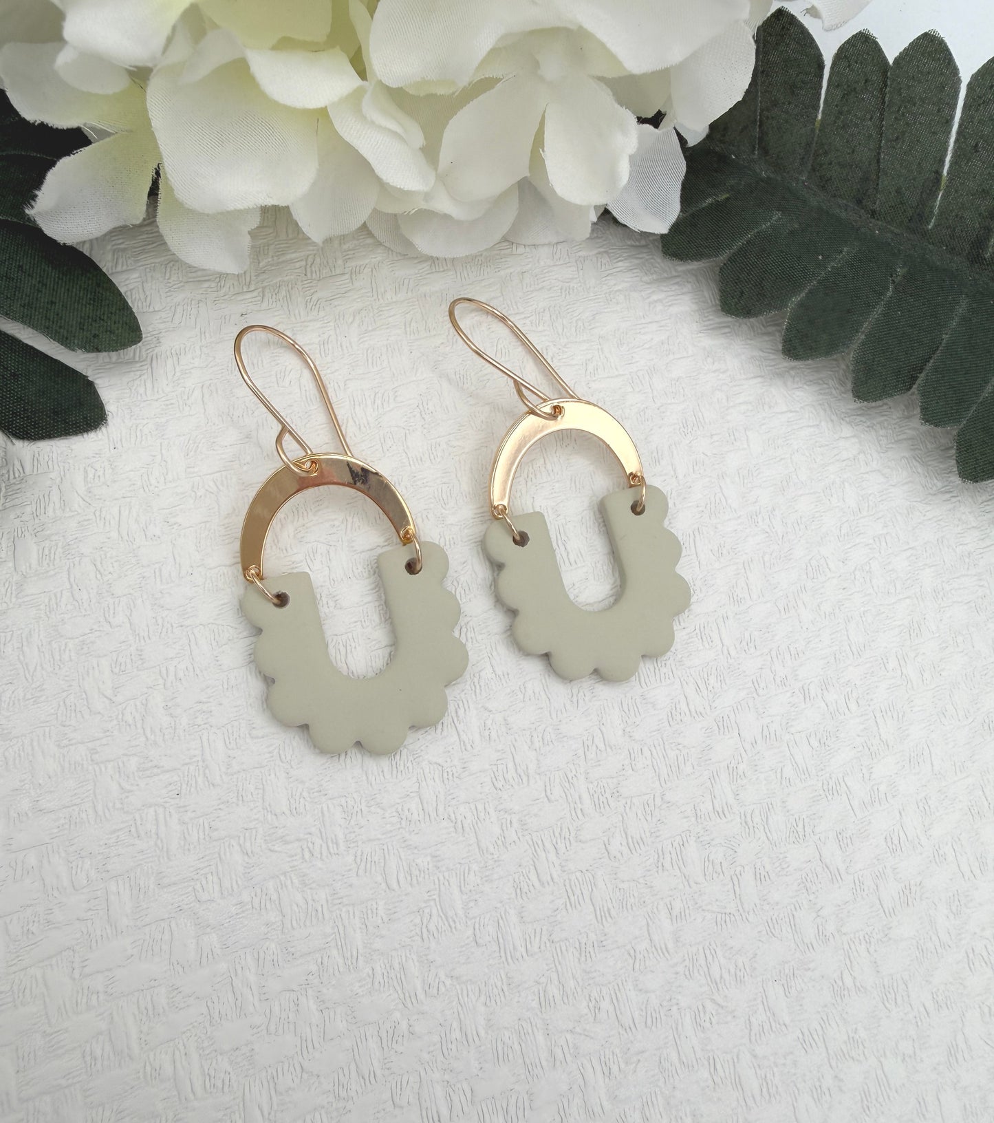 Earrings Made with Seafoam Polymer Clay Shaped into Arches with Petals and Gold Plated Arches PCE-1049