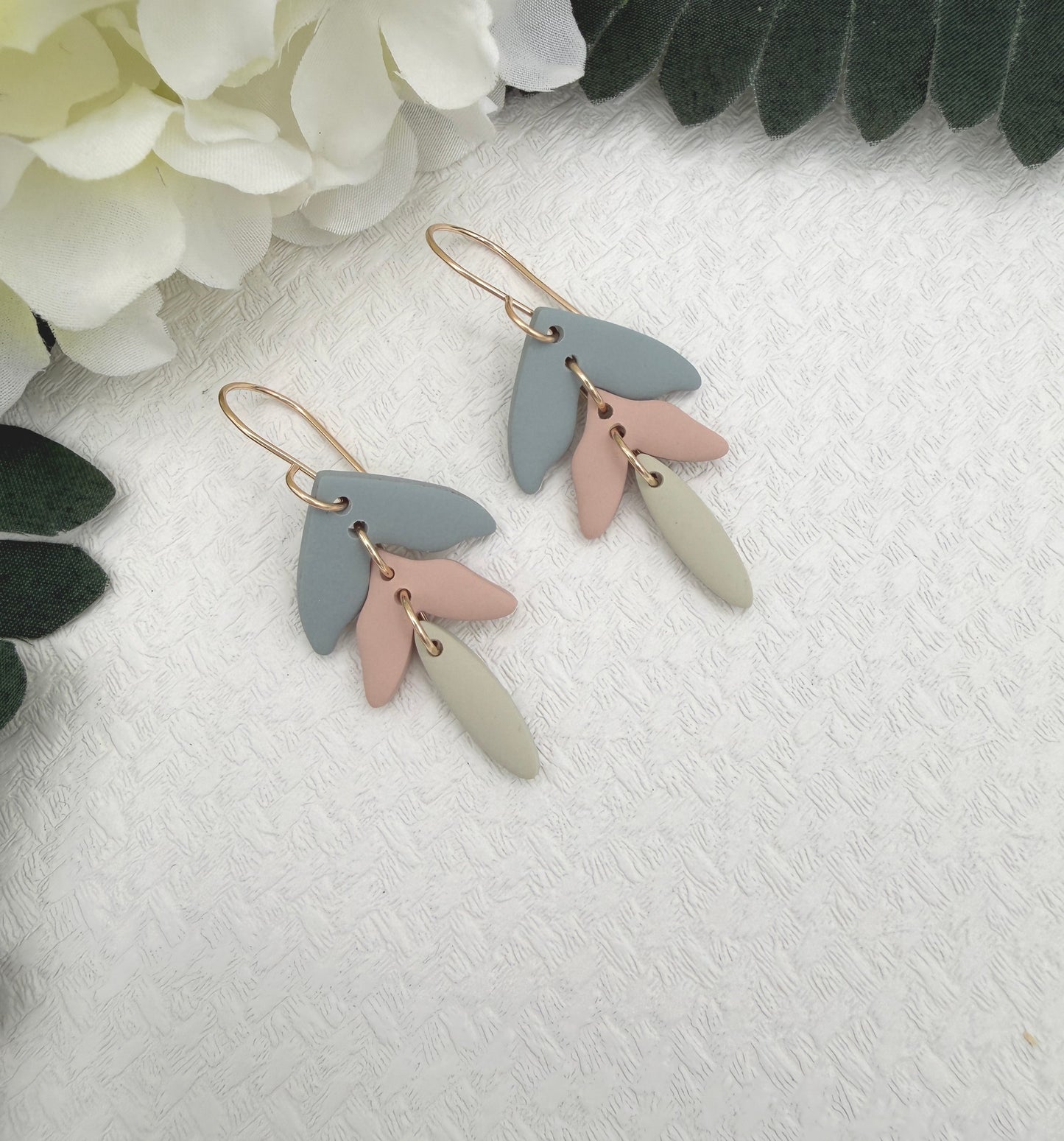 Earrings Made with Blue, Pink and Green Polymer Clay Petals PCE-1051