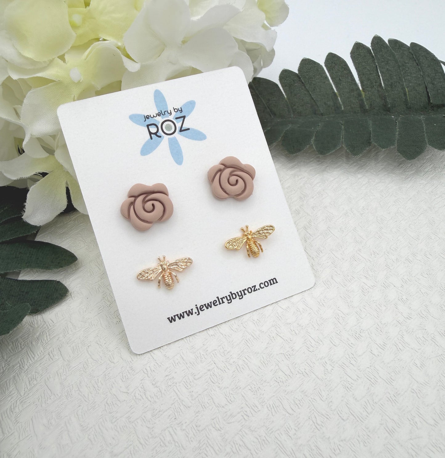 Stud Earring Pack Made with Dusty Coral Polymer Clay Roses with Sterling Silver Posts and Gold Plated Bee Post PCE-1055