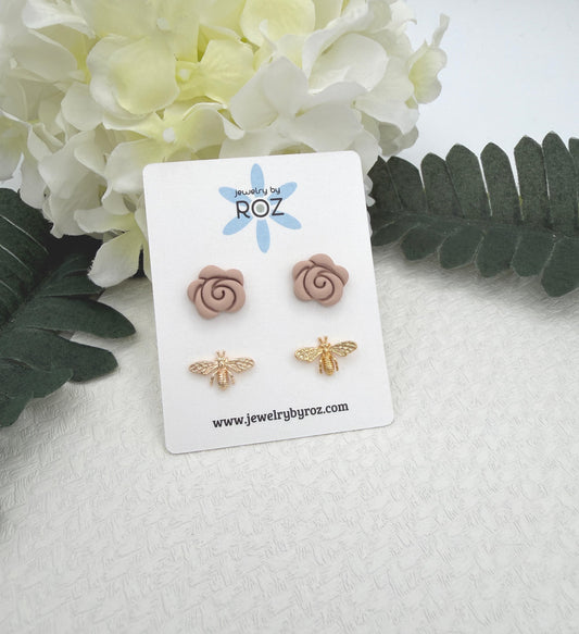 Stud Earring Pack Made with Dusty Coral Polymer Clay Roses with Sterling Silver Posts and Gold Plated Bee Post PCE-1055