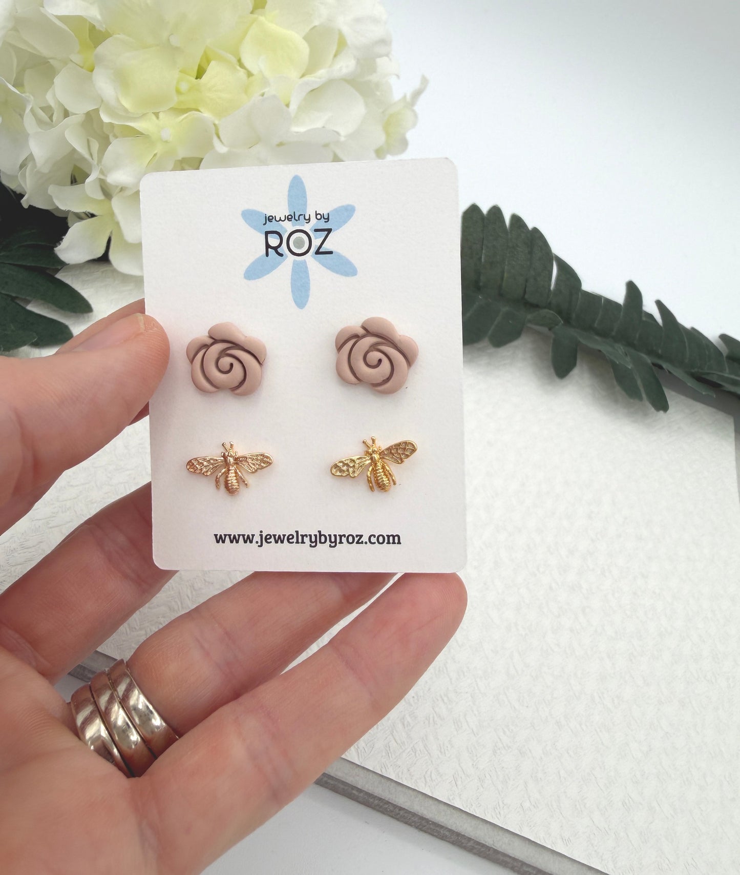 Stud Earring Pack Made with Dusty Coral Polymer Clay Roses with Sterling Silver Posts and Gold Plated Bee Post PCE-1055