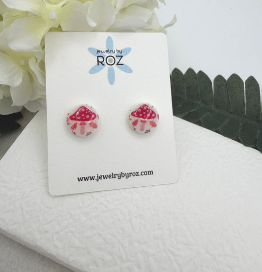 Stud Earrings Made with White Polymer Clay with a Mushroom Design and Sterling Silver Posts PCE-1065