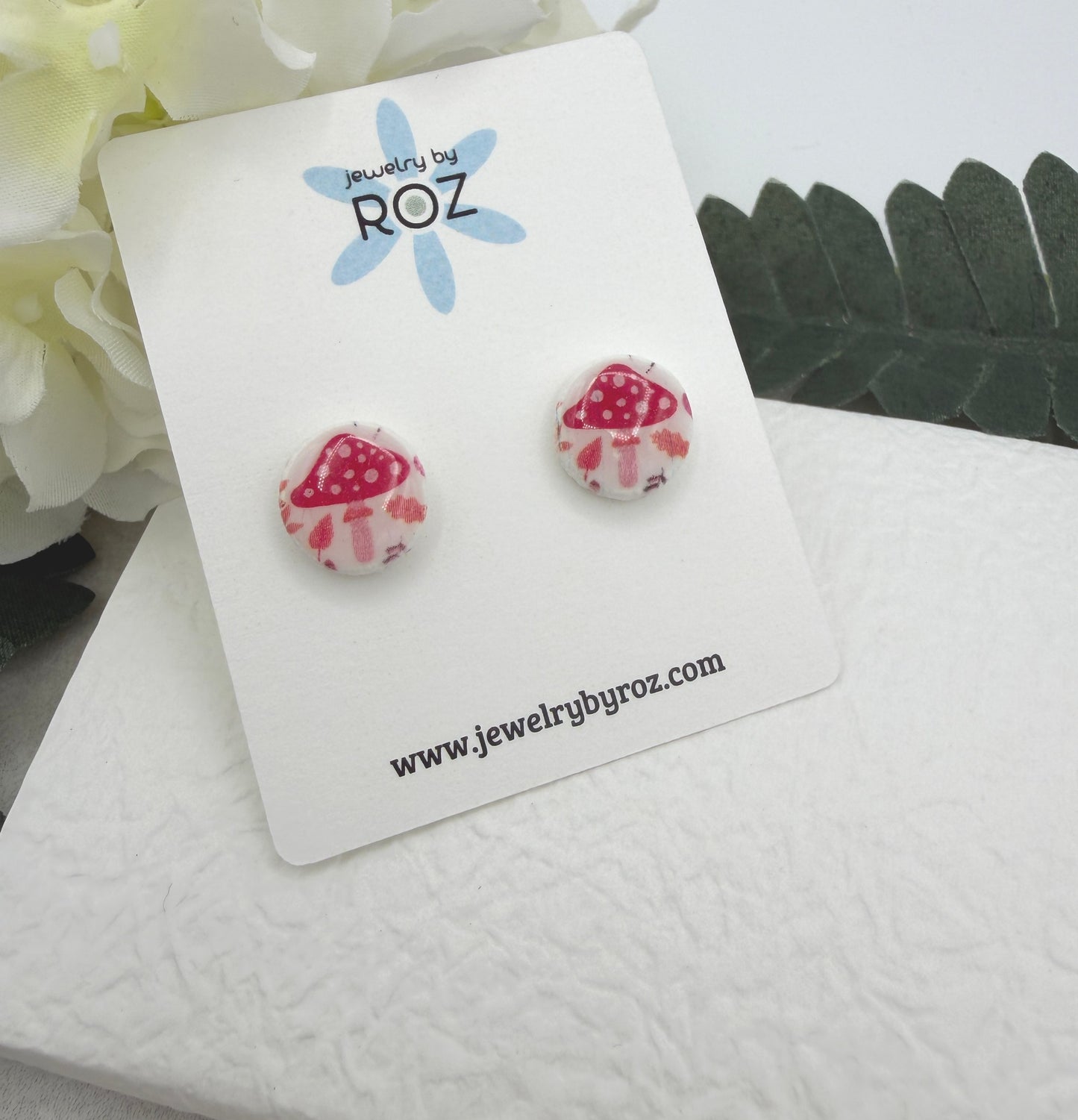 Stud Earrings Made with White Polymer Clay with a Mushroom Design and Sterling Silver Posts PCE-1065