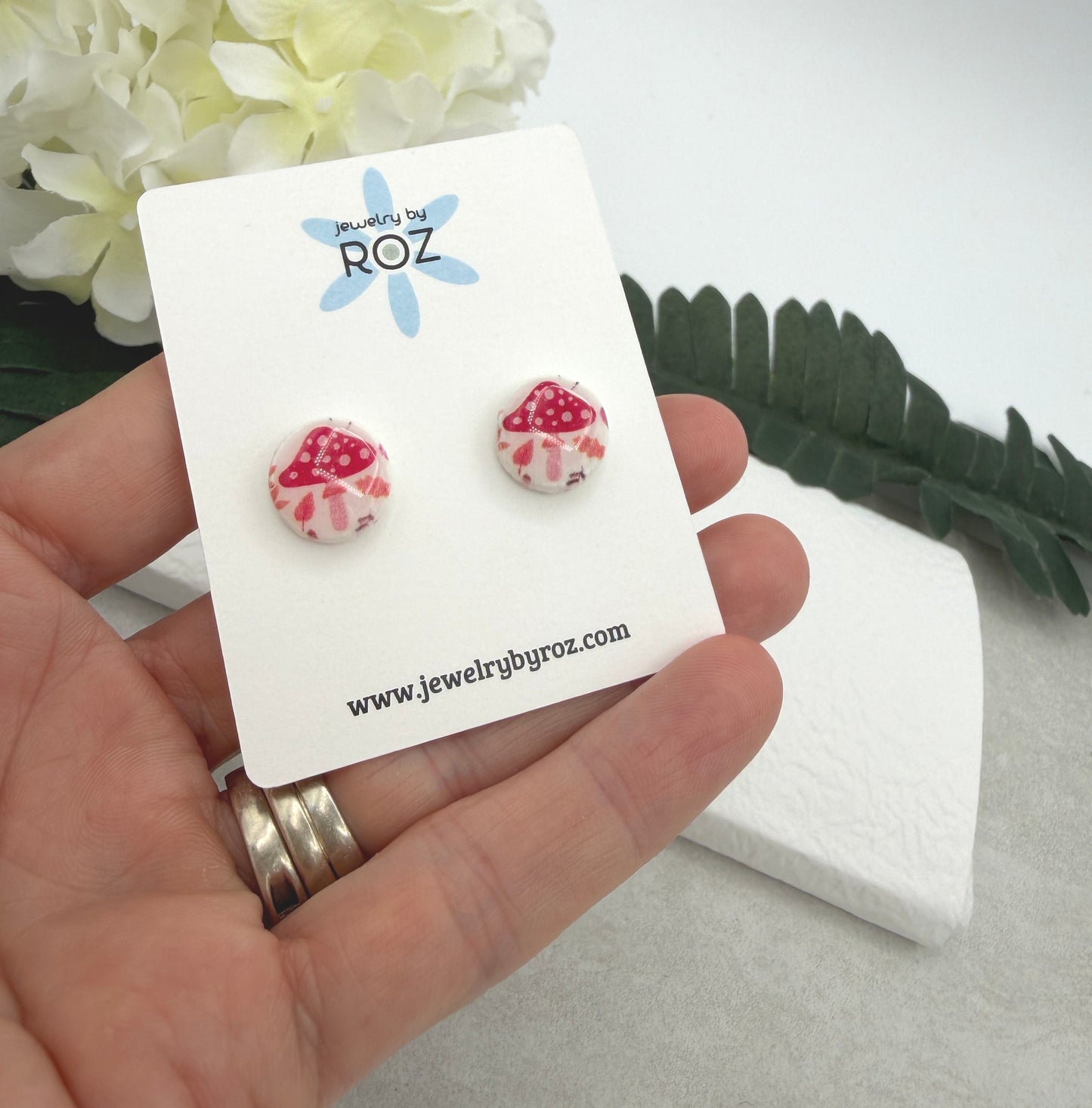 Stud Earrings Made with White Polymer Clay with a Mushroom Design and Sterling Silver Posts PCE-1065