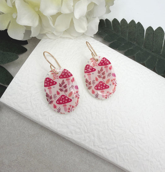 Earrings Made with White Polymer Clay Ovals with a Mushroom Pattern PCE-1066