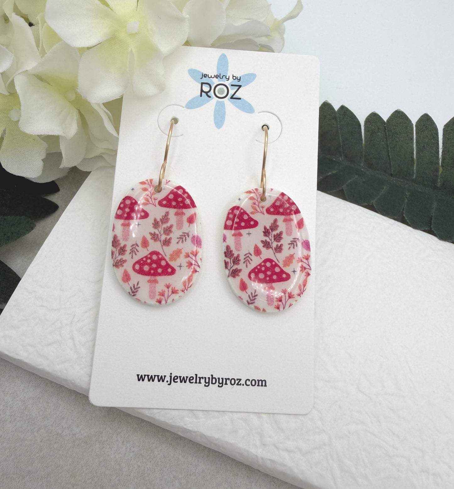 Earrings Made with White Polymer Clay Ovals with a Mushroom Pattern PCE-1066