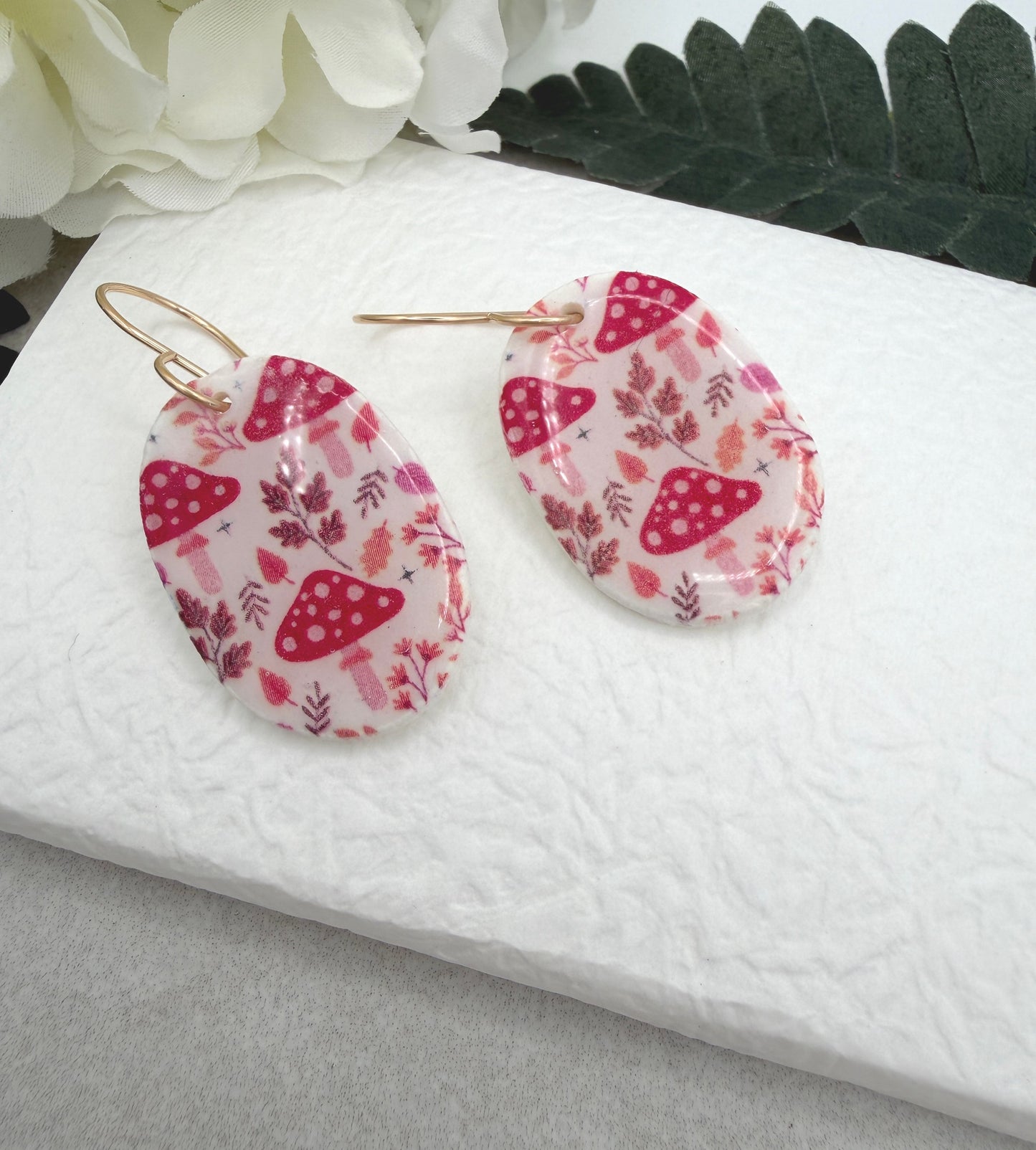 Earrings Made with White Polymer Clay Ovals with a Mushroom Pattern PCE-1066