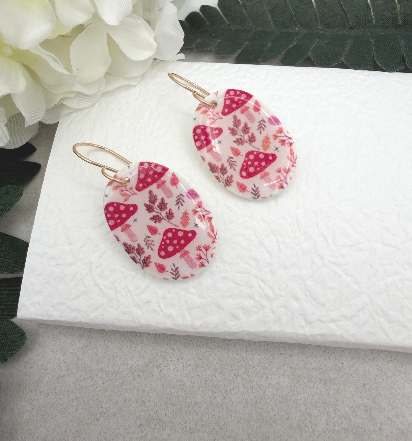 Earrings Made with White Polymer Clay Ovals with a Mushroom Pattern PCE-1066