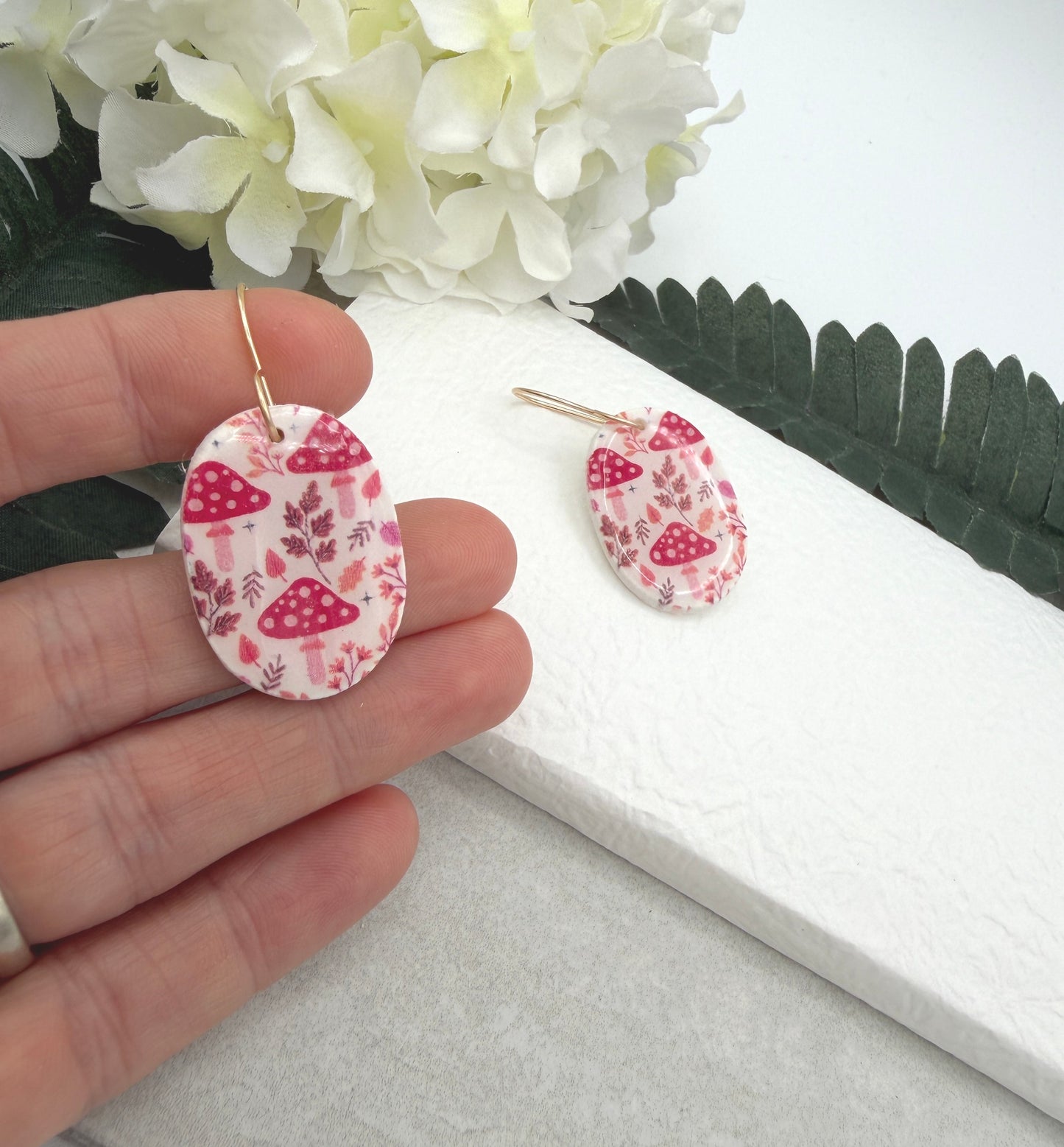 Earrings Made with White Polymer Clay Ovals with a Mushroom Pattern PCE-1066