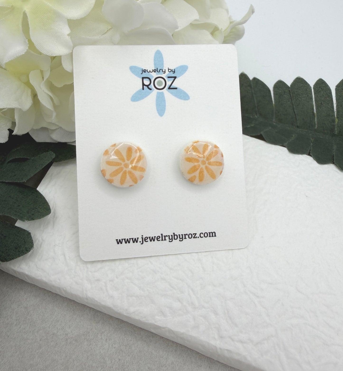 Stud Earrings Made with White Polymer Clay with Yellow Flowers and Sterling Silver Posts PCE-1069