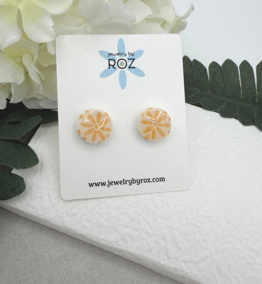 Stud Earrings Made with White Polymer Clay with Yellow Flowers and Sterling Silver Posts PCE-1069