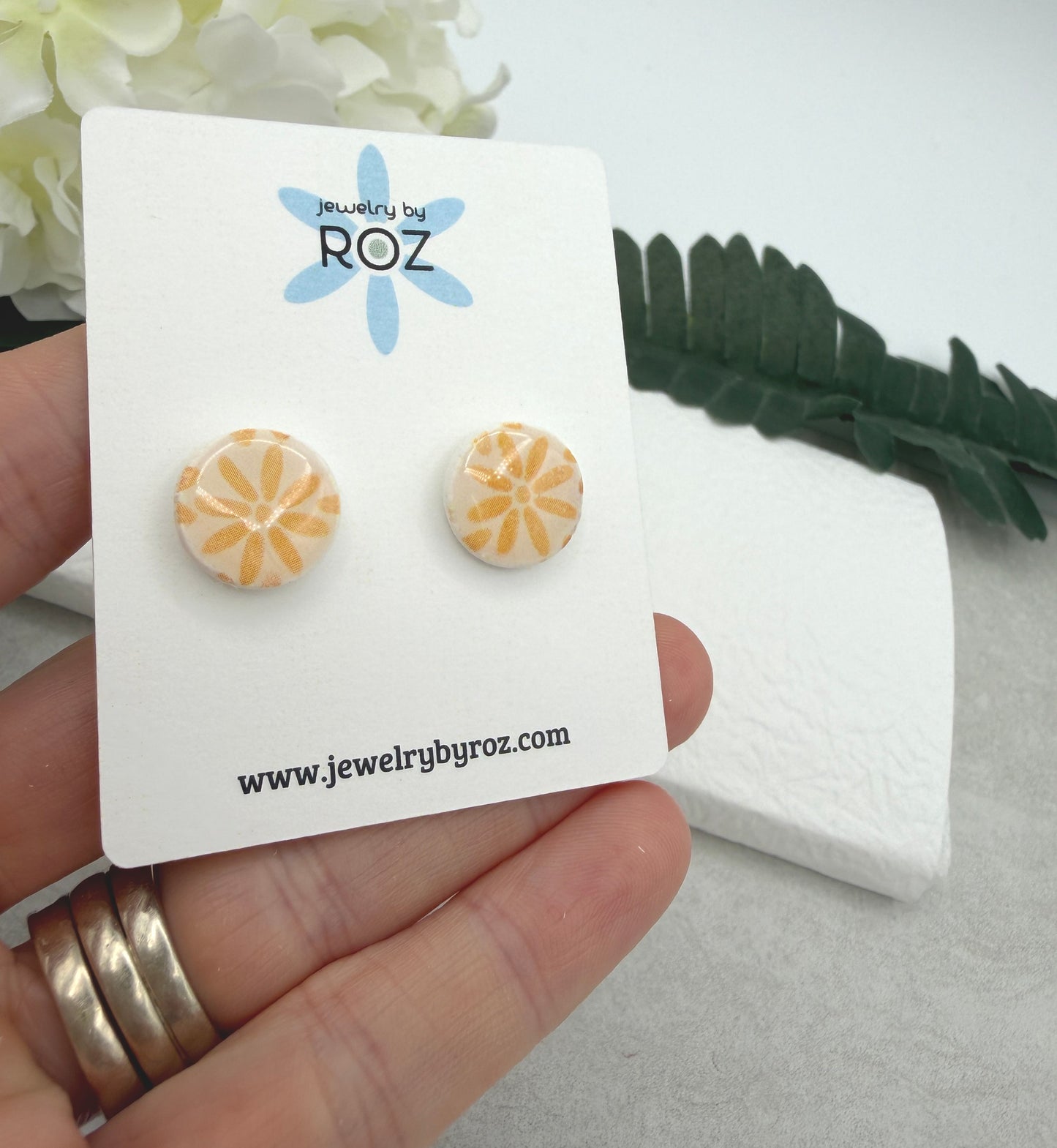 Stud Earrings Made with White Polymer Clay with Yellow Flowers and Sterling Silver Posts PCE-1069