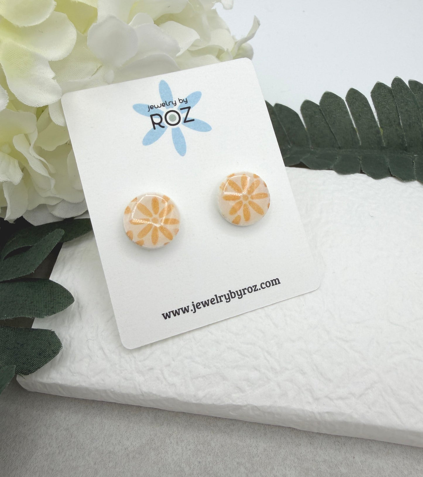Stud Earrings Made with White Polymer Clay with Yellow Flowers and Sterling Silver Posts PCE-1069