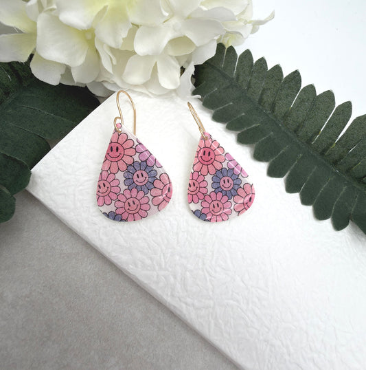 Earrings Made with White Polymer Clay Teardrops with a Smiley Face Flower Pattern PCE-1074