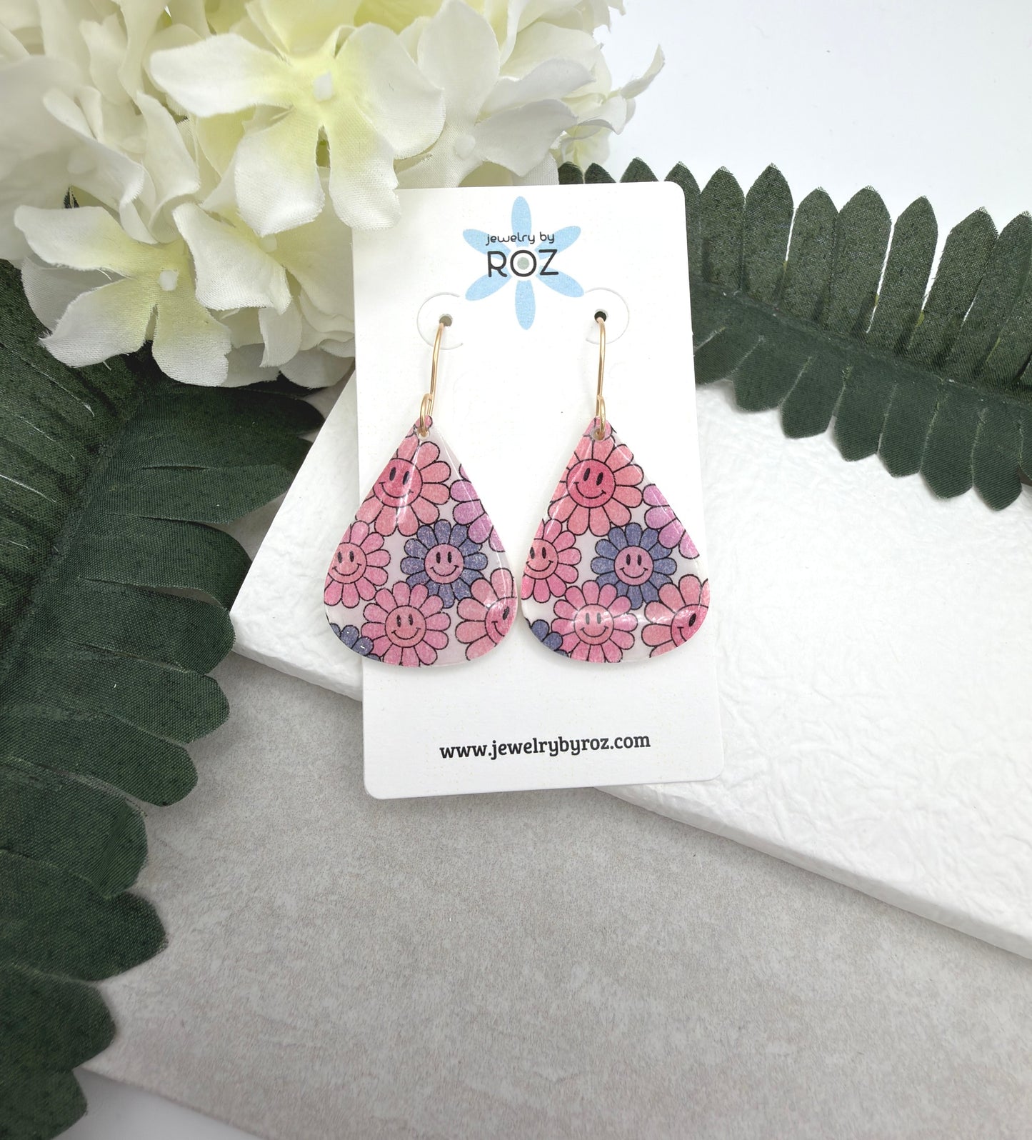 Earrings Made with White Polymer Clay Teardrops with a Smiley Face Flower Pattern PCE-1074