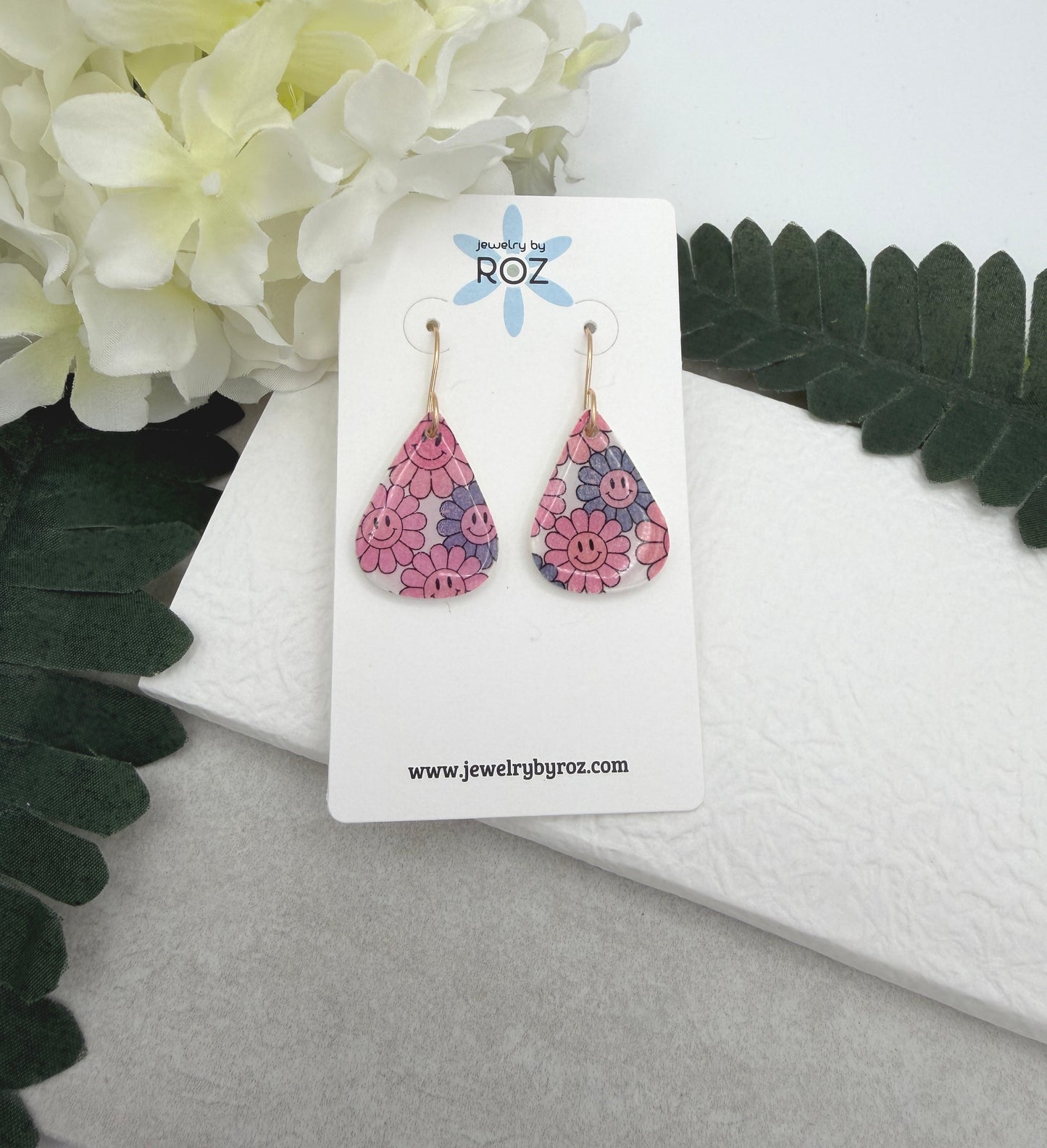 Earrings Made with White Polymer Clay Teardrops with a Smiley Face Flower Pattern PCE-1075