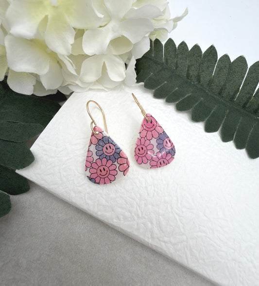 Earrings Made with White Polymer Clay Teardrops with a Smiley Face Flower Pattern PCE-1075