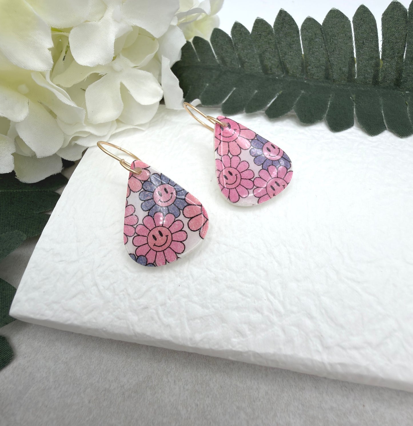 Earrings Made with White Polymer Clay Teardrops with a Smiley Face Flower Pattern PCE-1075
