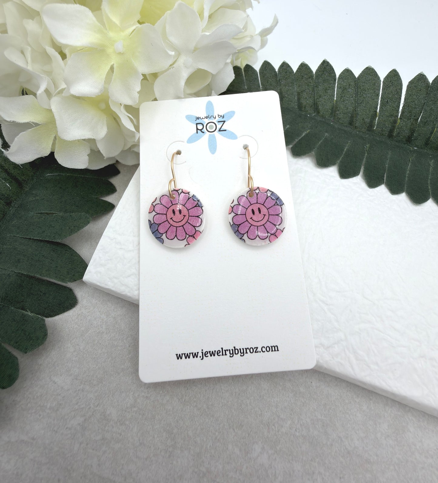 Earrings Made with White Polymer Clay Circles with a Smiley Face Flower Pattern PCE-1076