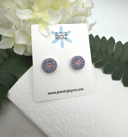 Stud Earrings Made with White Polymer Clay with Blue Smiley Face Flowers and Sterling Silver Posts PCE-1077