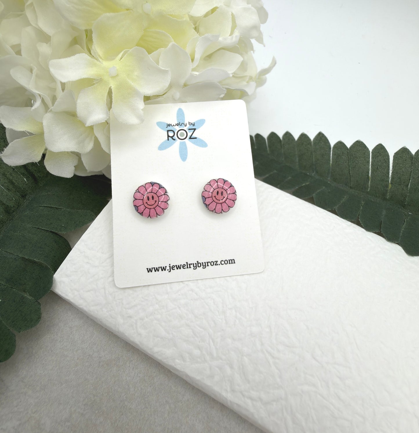 Stud Earrings Made with White Polymer Clay with Blue Smiley Face Flowers and Sterling Silver Posts PCE-1078