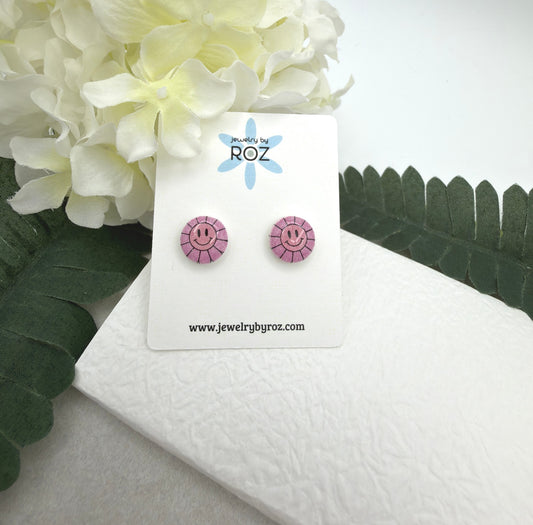 Stud Earrings Made with White Polymer Clay with pink Smiley Face Suns and Sterling Silver Posts PCE-1079