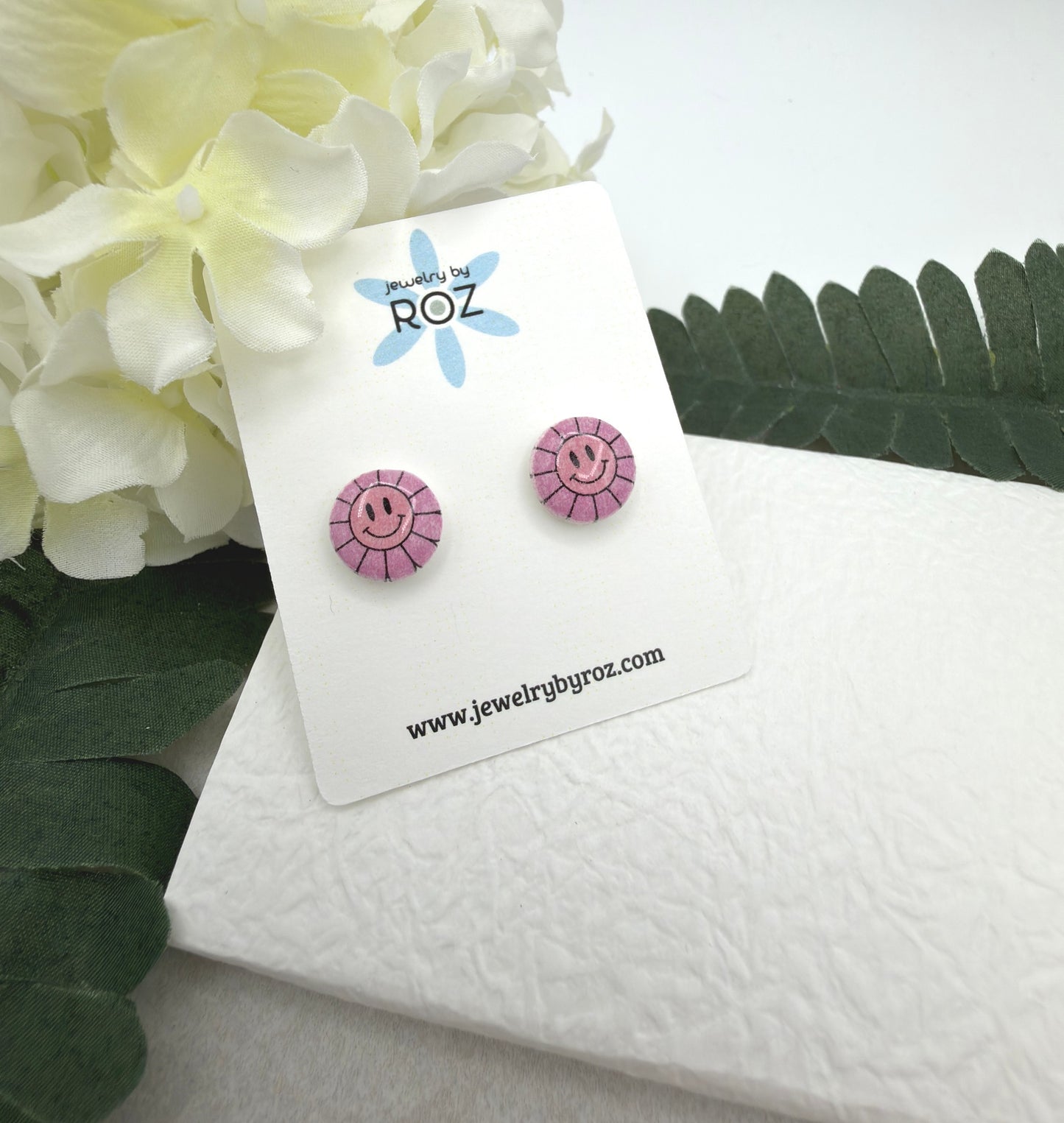Stud Earrings Made with White Polymer Clay with pink Smiley Face Suns and Sterling Silver Posts PCE-1079