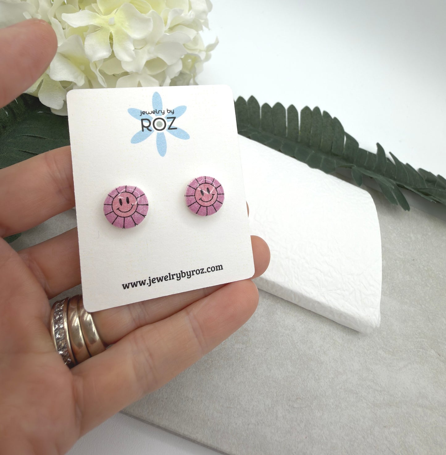 Stud Earrings Made with White Polymer Clay with pink Smiley Face Suns and Sterling Silver Posts PCE-1079