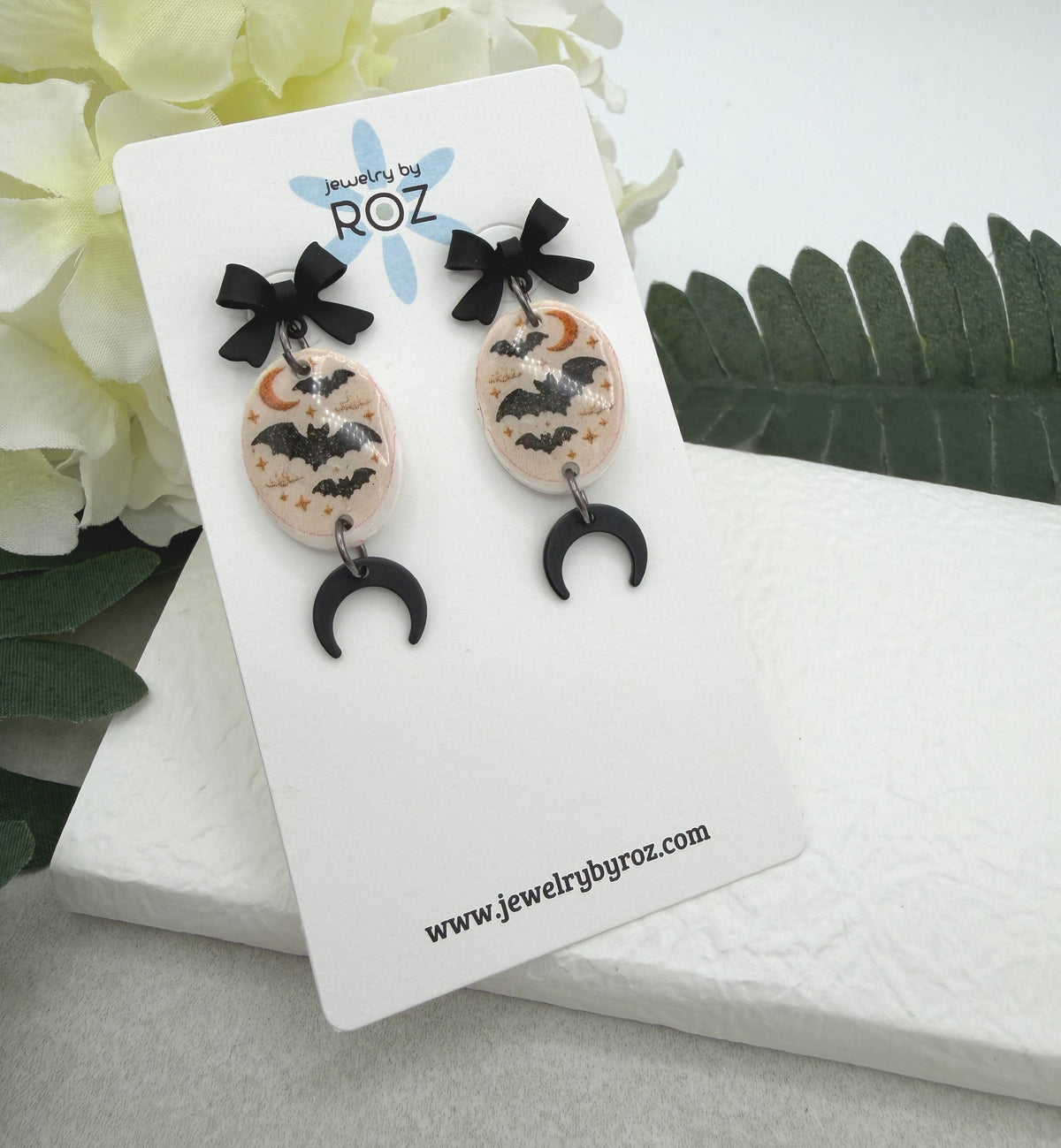 Earrings Made with Black Bow Posts and Polymer Clay Ovals with Bats and Oxidized Crescent Moons PCE-1083