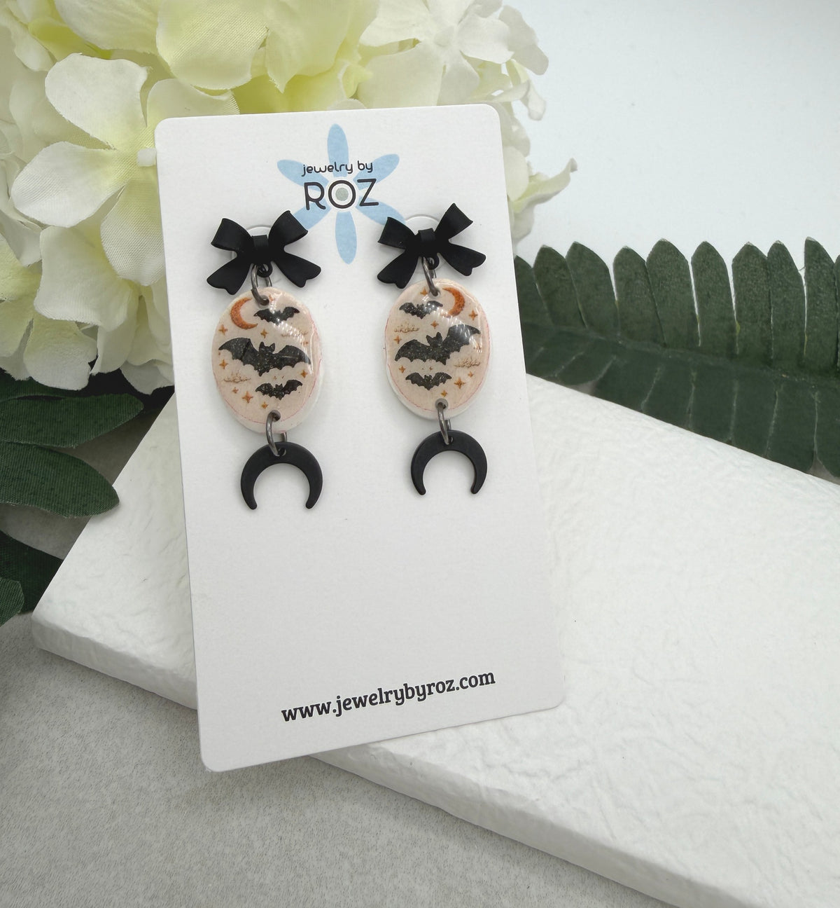 Earrings Made with Black Bow Posts and Polymer Clay Ovals with Bats and Oxidized Crescent Moons PCE-1083