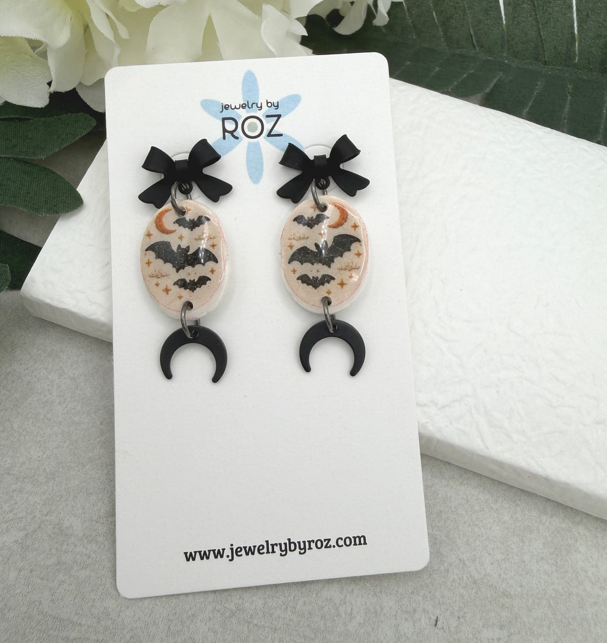 Earrings Made with Black Bow Posts and Polymer Clay Ovals with Bats and Oxidized Crescent Moons PCE-1083