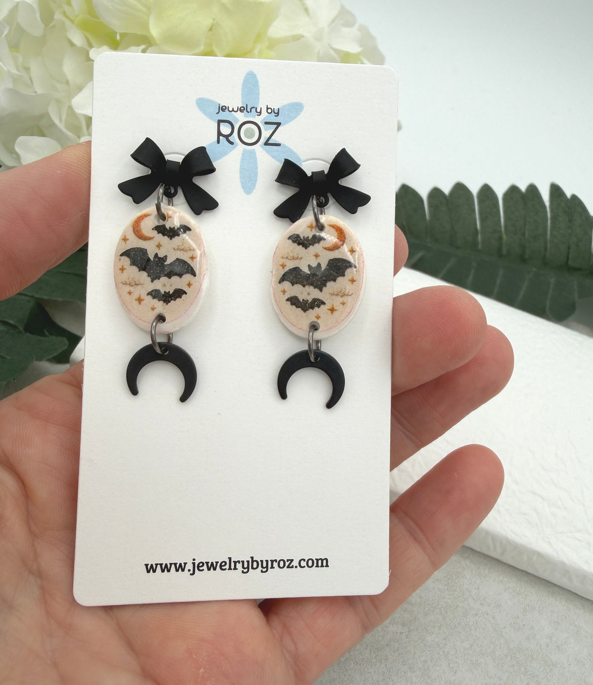 Earrings Made with Black Bow Posts and Polymer Clay Ovals with Bats and Oxidized Crescent Moons PCE-1083