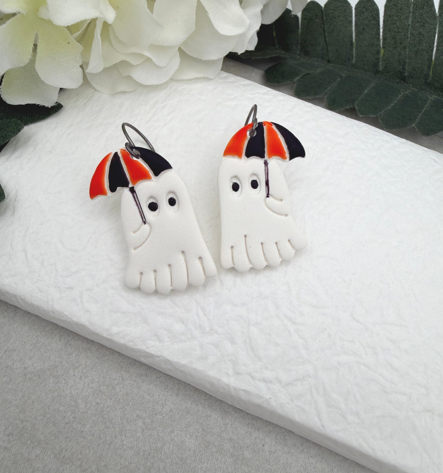 Earrings Made with Polymer Clay Ghosts with Umbrellas PCE-1088