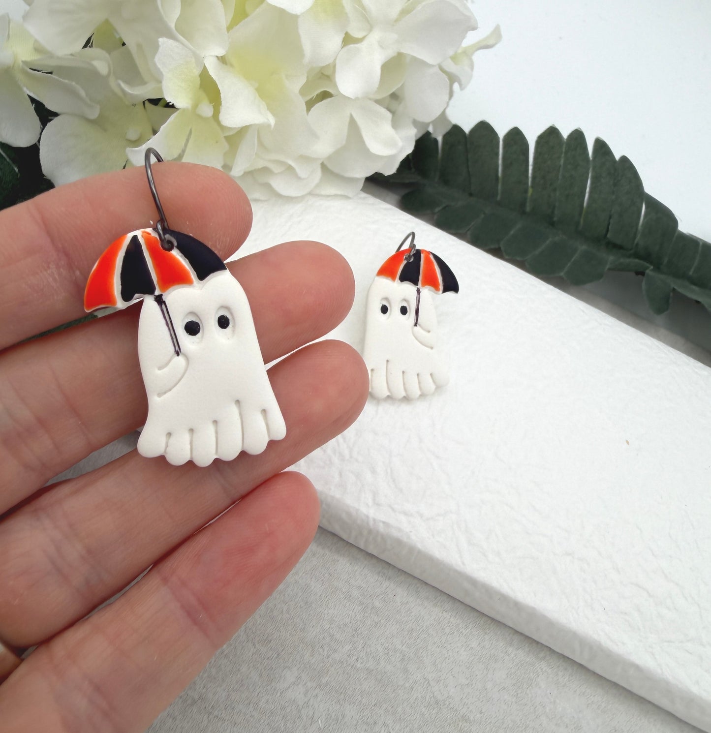 Earrings Made with Polymer Clay Ghosts with Umbrellas PCE-1088