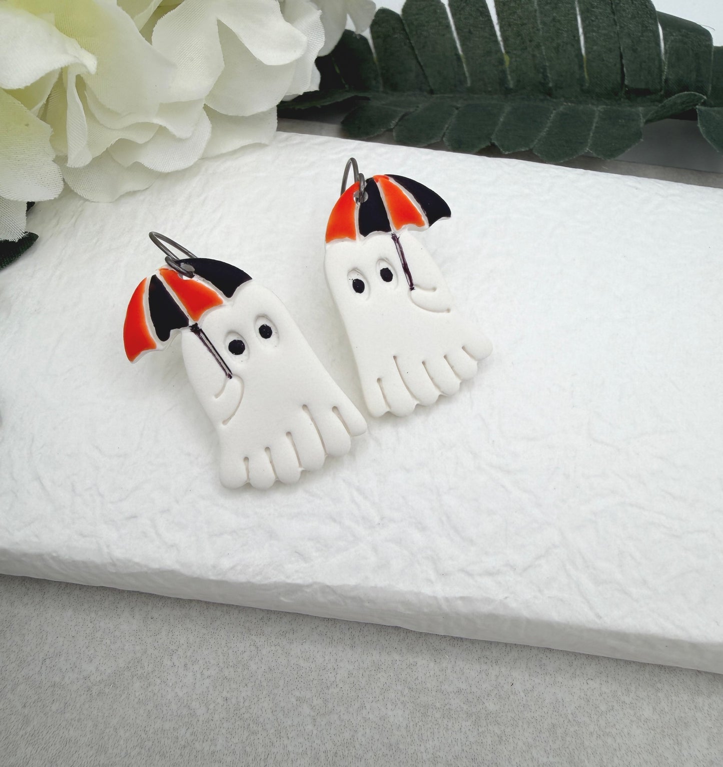 Earrings Made with Polymer Clay Ghosts with Umbrellas PCE-1088