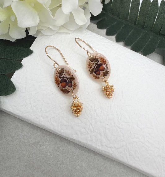 Earrings Made with Polymer Clay Ovals with an Acorn Design, Gold Plated Pine Cones and Gold Filled Earring Wires PCE-1090