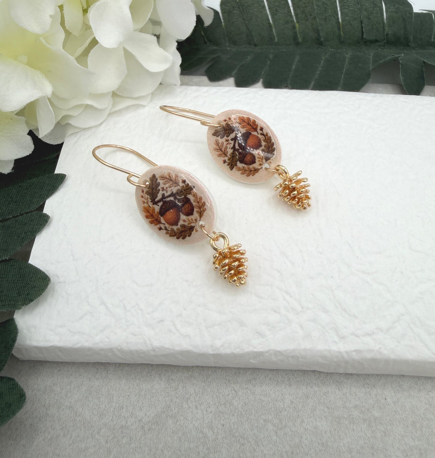 Earrings Made with Polymer Clay Ovals with an Acorn Design, Gold Plated Pine Cones and Gold Filled Earring Wires PCE-1090