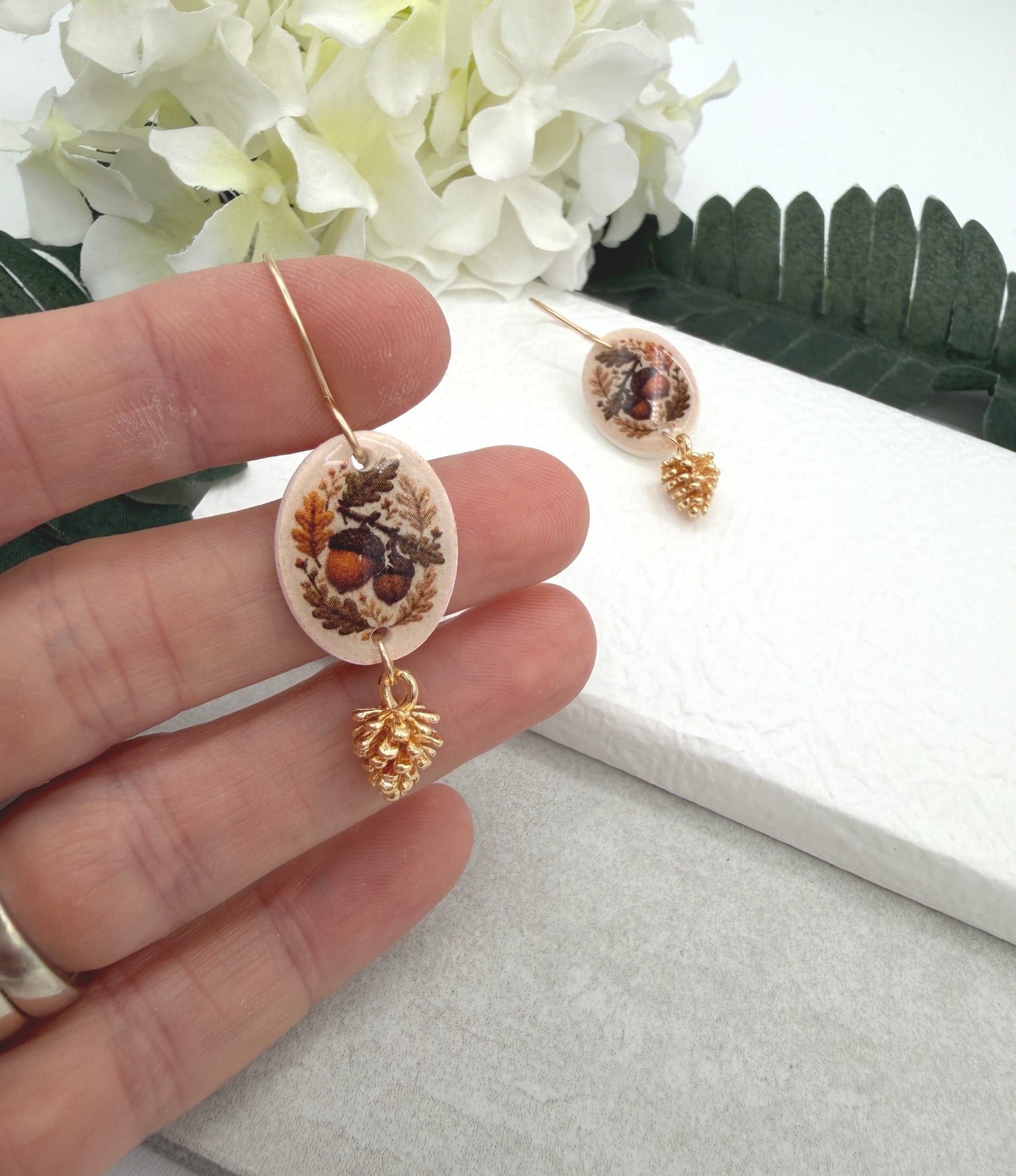 Earrings Made with Polymer Clay Ovals with an Acorn Design, Gold Plated Pine Cones and Gold Filled Earring Wires PCE-1090