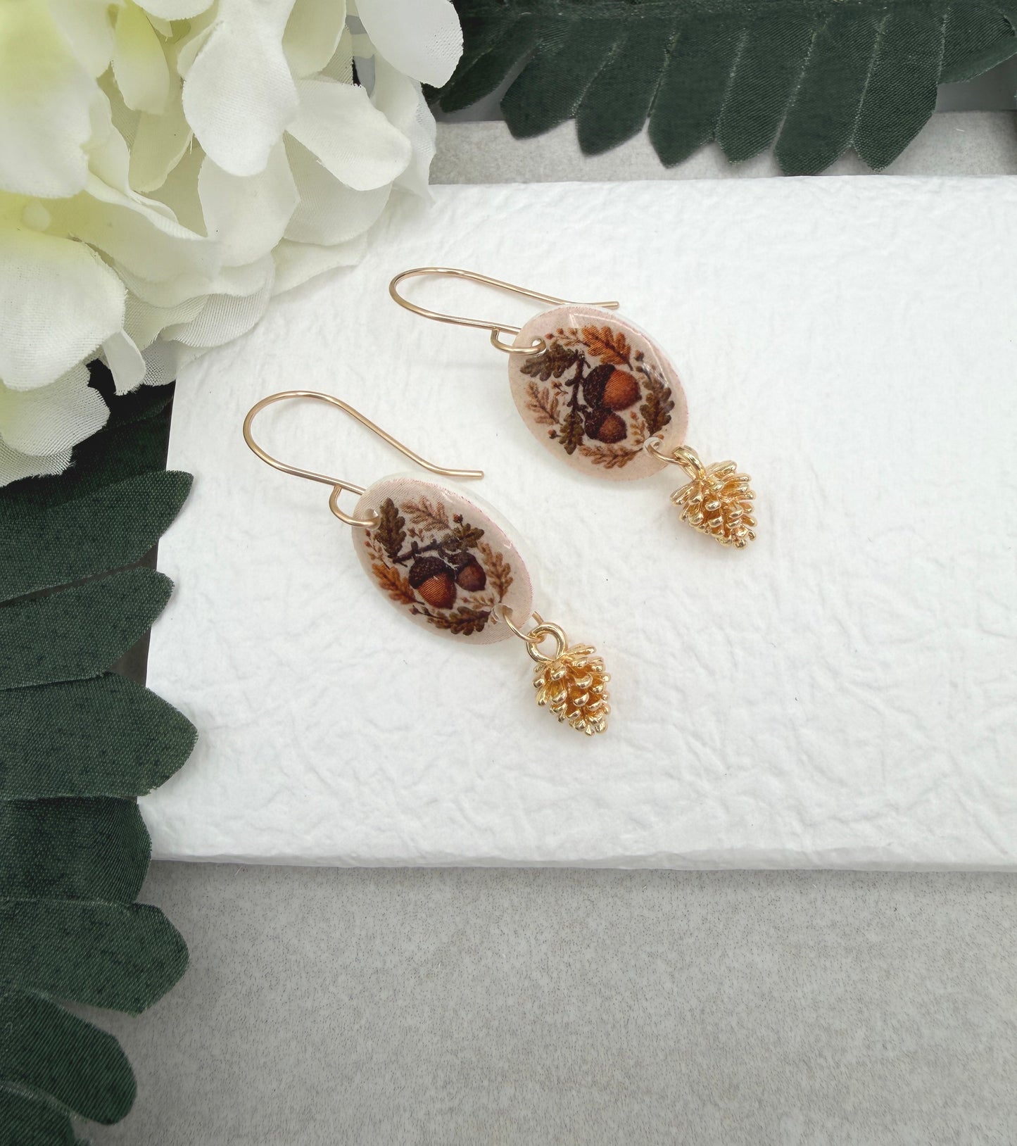Earrings Made with Polymer Clay Ovals with an Acorn Design, Gold Plated Pine Cones and Gold Filled Earring Wires PCE-1090