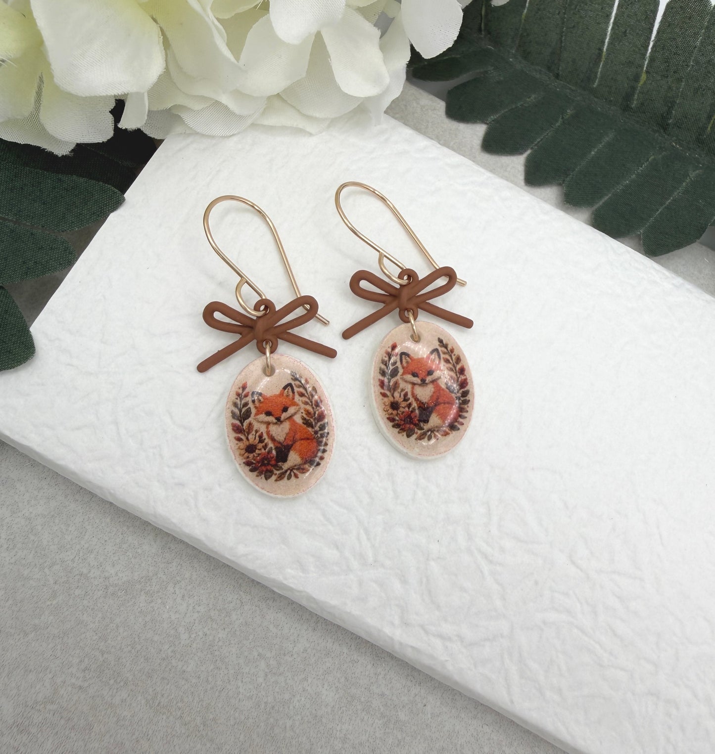 Earrings Made with Brown Bow LInks and Polymer Clay Ovals with a Fox Design and Gold Filled Earring Wires PCE-1091