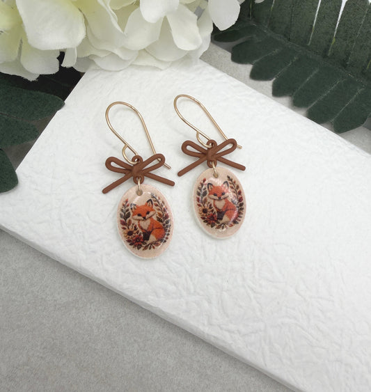 Earrings Made with Brown Bow LInks and Polymer Clay Ovals with a Fox Design and Gold Filled Earring Wires PCE-1091