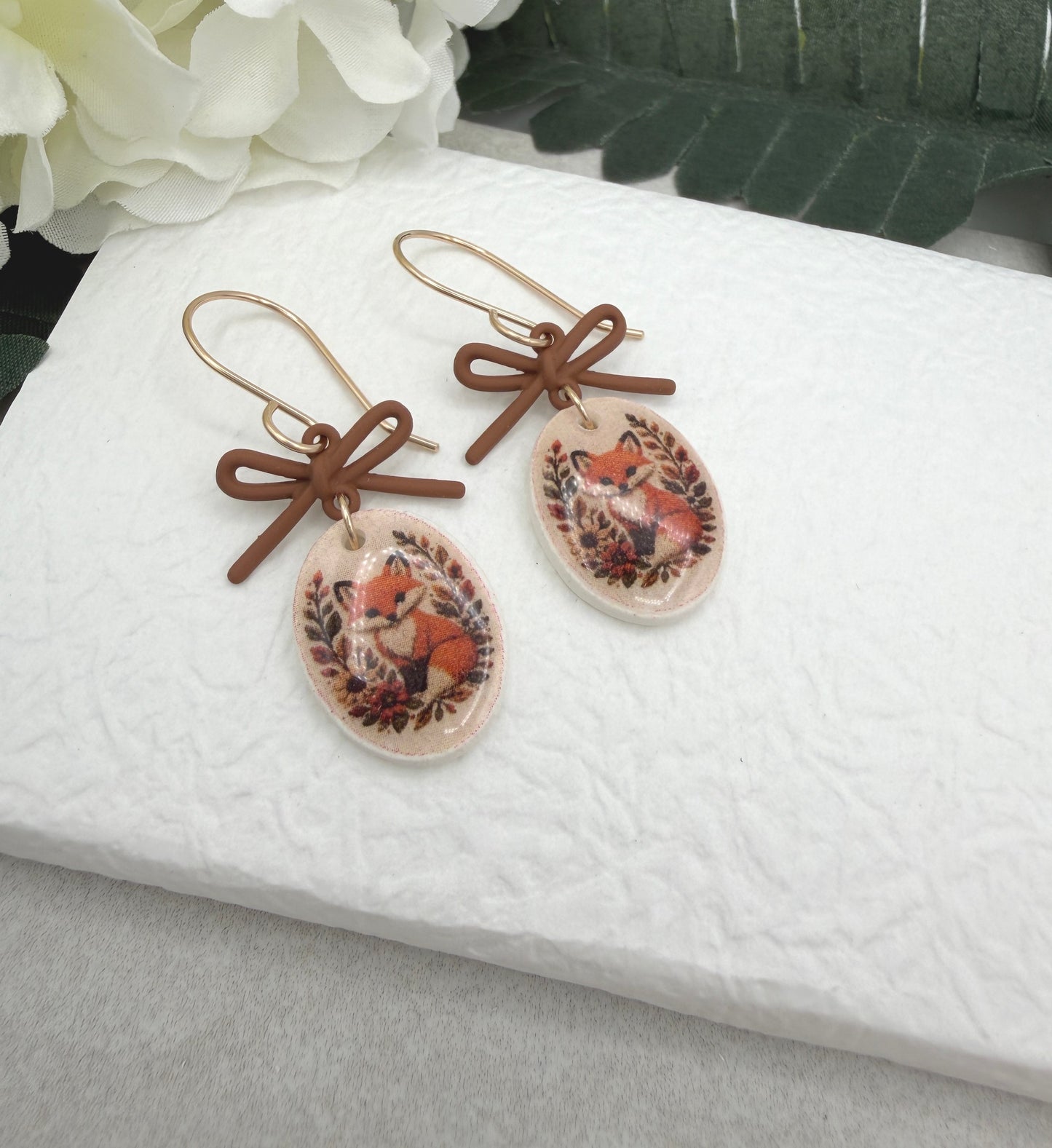Earrings Made with Brown Bow LInks and Polymer Clay Ovals with a Fox Design and Gold Filled Earring Wires PCE-1091
