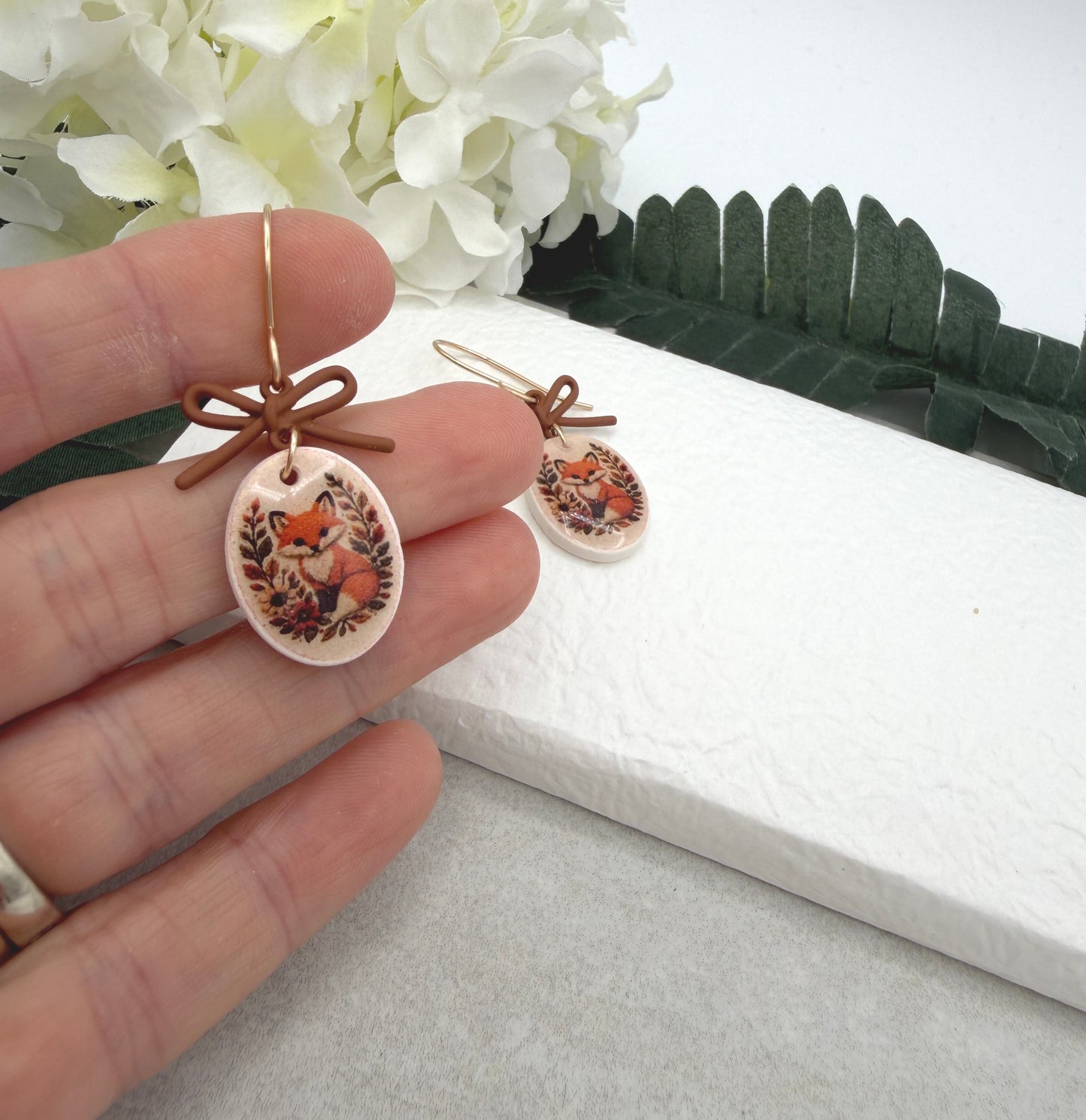 Earrings Made with Brown Bow LInks and Polymer Clay Ovals with a Fox Design and Gold Filled Earring Wires PCE-1091