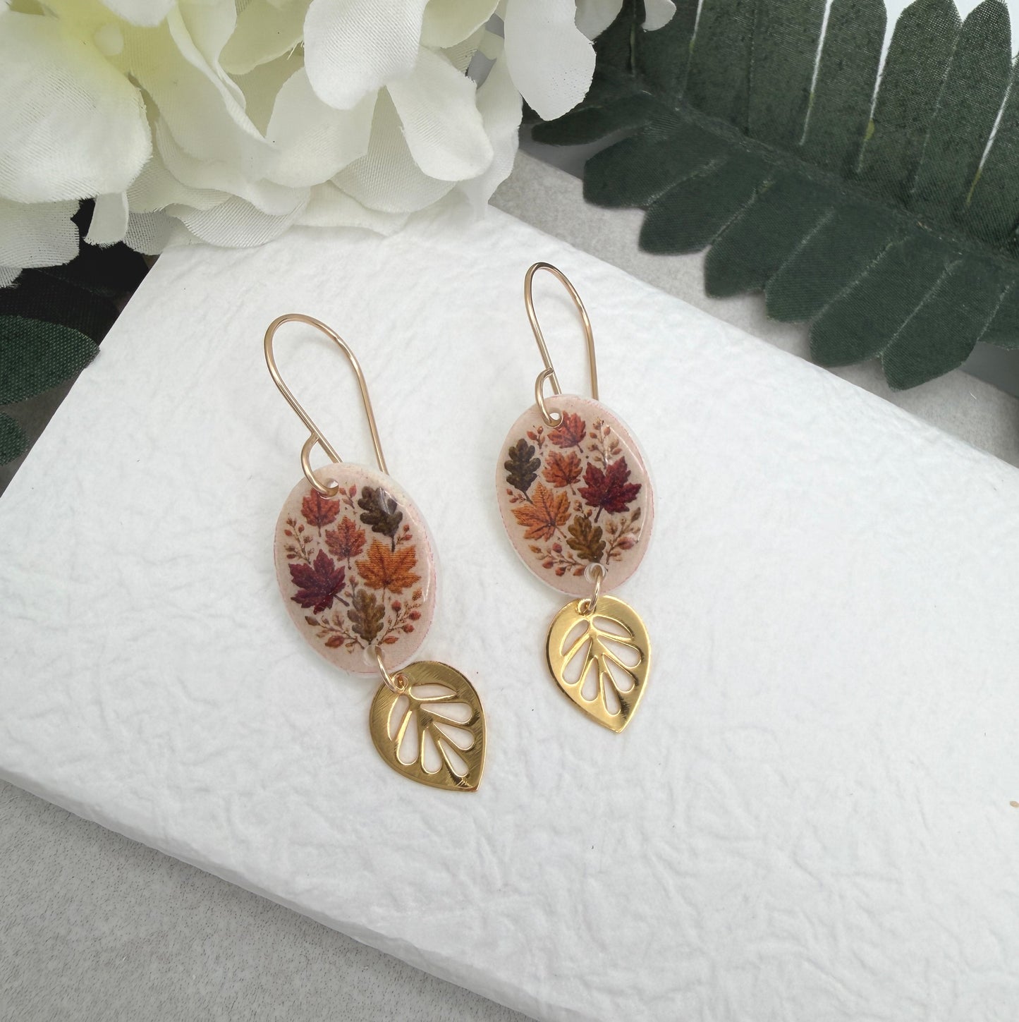 Earrings Made with Polymer Clay Ovals with a Fall Leaf Design, Gold Plated Leaves and Gold Filled Earring Wires PCE-1093
