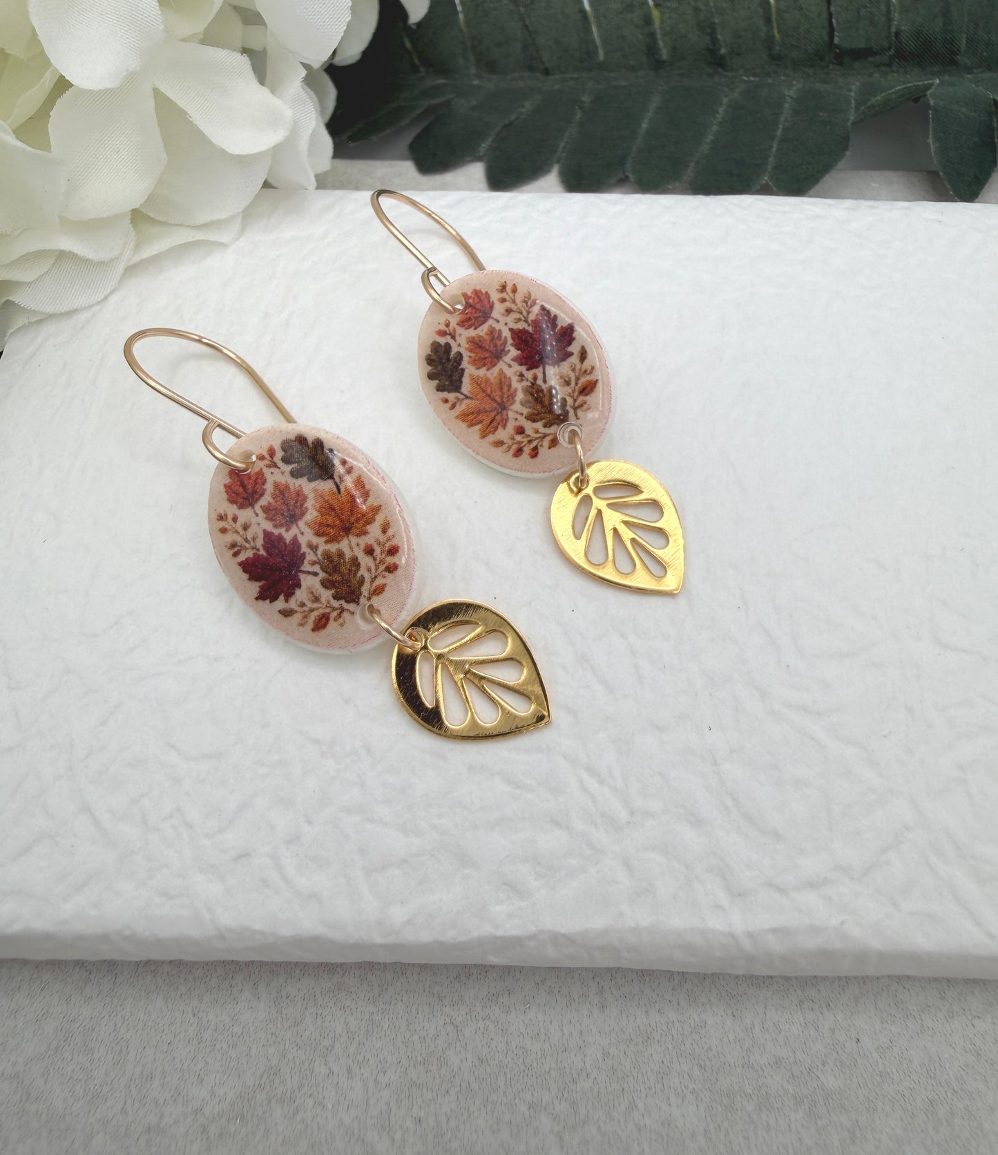 Earrings Made with Polymer Clay Ovals with a Fall Leaf Design, Gold Plated Leaves and Gold Filled Earring Wires PCE-1093
