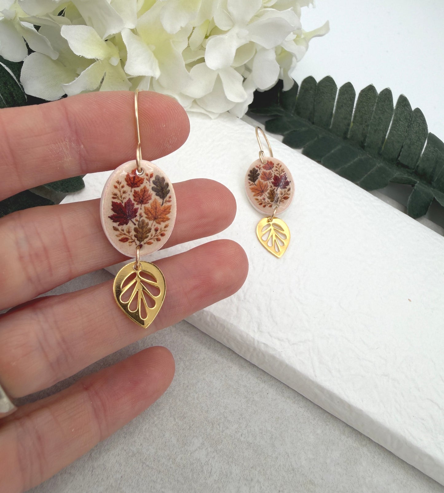 Earrings Made with Polymer Clay Ovals with a Fall Leaf Design, Gold Plated Leaves and Gold Filled Earring Wires PCE-1093